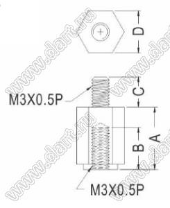 TP3-10L(B) стойка шестигранная с внутренней и наружной резьбами; M3x0,5; A=10,0мм; B=8,0мм; C=8,0мм; D=6,0мм; черный/натуральный; нейлон-66 (UL)