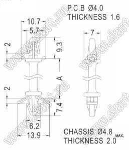 LCBB-15.9 фиксатор платы с двумя защелками; A=15,9мм; натуральный; dп=4,0мм; s=1,6мм; d отв.=4,8мм; t max.=2,0мм; нейлон-66 (UL)