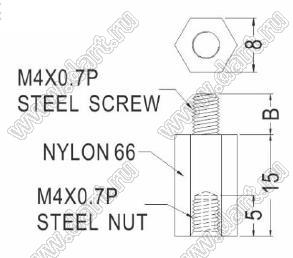 MTPA4-15L стойка круглая со стальными резьбовыми вставками; M4x0,7; B=8,0мм; нейлон-66 (UL) / сталь; натуральный/черный
