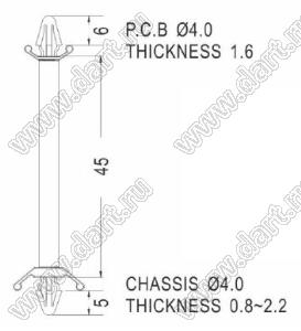 CBSB-45 фиксатор платы с двумя защелками; D=4,0мм; S=1,6мм; d=4,8мм; t=0,8...1,2мм; натуральный; нейлон-66 (UL)