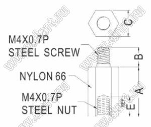 MTPA4-50L стойка круглая со стальными резьбовыми вставками; M4x0,7; A=50,0мм; B=8,0мм; C=9,0мм; E=6,0мм; нейлон-66 (UL) / сталь; натуральный/черный