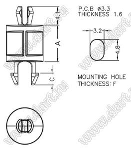 MSPD-16 фиксатор платы с двумя защелками; A=16,0мм; C=2,45мм; F=2,16мм; dп=3,3мм; s=1,6мм; нейлон-66 (UL); натуральный