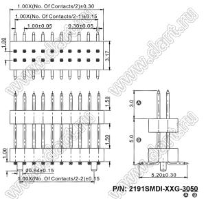 2191SMDI-012G-3050 вилка открытая прямая приподнятая двухрядная на плату для поверхностного (SMD) монтажа; шаг 1,00 x 1,00 мм; (2x6) конт.