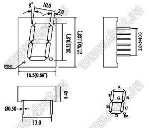 E10805-G-UR3-0-W (R8107) индикатор светодиодный; 0.8"; 1-разр.; 7-сегм.; красный; общий анод