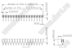 DS1002-01-1x14R13 (SCSL-14R, PBSM-1x14R) гнездо цанговое угловое однорядное для выводного монтажа; P=2,54мм; 14-конт.