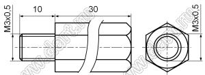 PCHSN-30+10 стойка шестигранная; с внутренней резьбой М3x0,5; с внешней резьбой М3x0,5; L=30,0мм; латунь