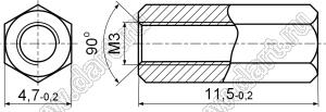 PCHSS-11.5 стойка шестигранная; с внутренней резьбой М3x0,5; SW=4,7мм; L=11,5мм; латунь