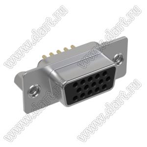 DS1077-15FB0N-2 (5512-15SA-01-CS, DHB-15F) розетка прямая D-SUB высокой плотности для пайки на плату; 15-конт.; CS тип - стойки сзади; черный изолятор