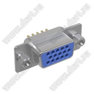 DS1077-15FU0N-1 (5512-15SA-01-CC-BU, DHB-15F) розетка прямая D-SUB высокой плотности для пайки на плату; 15-конт.; CC тип - стойки впереди; синий изолятор