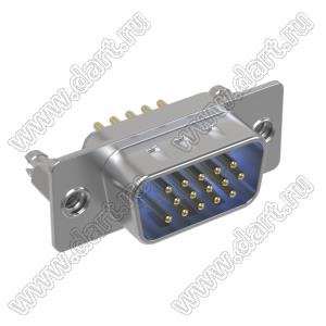 DS1077-15MU0N-3 (5512-15PA-01-BR-BU, DHB-15M) вилка прямая D-SUB высокой плотности для пайки на плату; 15-конт.; BR тип - защелки в плату; синий изолятор