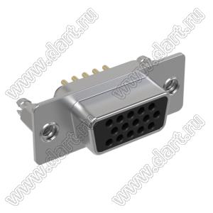 DS1077-15FB0N-3 (5512-15SA-01-BR, DHB-15F) розетка прямая D-SUB высокой плотности для пайки на плату; 15-конт.; BR тип - защелки в плату; черный изолятор