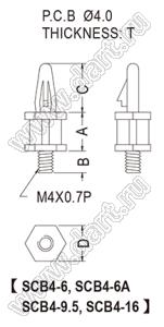 SCB4-6A фиксатор платы с защелкой в плату; A=6,3мм; B=6,4мм; C=10,7мм; резьба=M4x0,7; нейлон-66 (UL); натуральный