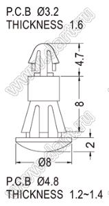 RCCA-8 фиксатор платы с двумя защелками; A=8,0мм; dп=3,2мм; s=1,6мм; d отв.=4,8мм; t=1,2...1,4мм; нейлон-66 (UL); натуральный