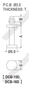 DCB-16D фиксатор платы с защелкой; A=16,0мм; B=3,7мм; H=6,9мм; E=1,2...1,6мм; dп=3,0мм; нейлон-66 (UL); натуральный