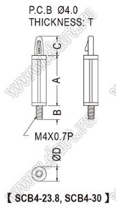 SCB4-23.8 фиксатор платы с защелкой в плату; A=23,8мм; B=6,35мм; C=9,0мм; резьба=M4x0,7; нейлон-66 (UL); натуральный