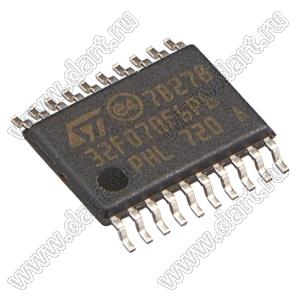 STM32F070F6P6 (TSSOP-20) микроконтроллер 32-bit ARM® Cortex®-M0; F=48MHz; I²C, SPI, UART/USART, USB; DMA, POR, PWM, WDT; I/O=15шт; FLASH 32KB (32Kx8); EEPROM -; RAM 6Kx8; Uпит.=2,4...3,6V; A/D 11x12b; генератор внутренний; Tраб. -40…+85°C