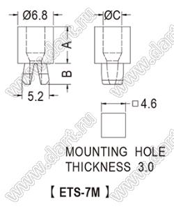 ETS-7M фиксатор с защелкой; A=7,0мм; B=4,0мм; C=3,55мм; s=2,0мм; нейлон-66 (UL); натуральный