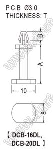 DCB-16DL фиксатор платы с защелкой; A=16,0мм; B=3,7мм; H=6,9мм; E=1,2...1,6мм; dп=3,0мм; нейлон-66 (UL); натуральный