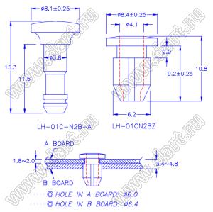 PGLH-01C фиксатор платы; ØA=6,0мм; нейлон-66 (UL) + полиуретан PU (UL); натуральный, черный