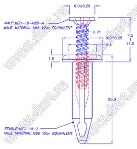 MEC-18 пистон монтажный; A=18,45мм; нейлон-66 (UL); черный