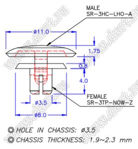 PGSR-3HC-A пистон монтажный; A=4,0мм; PC (UL) + нейлон-66 (UL); белый + натуральный