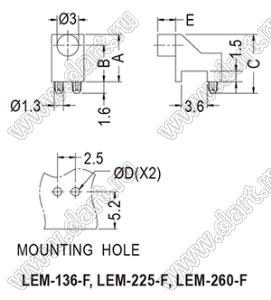 LEM-136-F cветовод; A=6,6мм; B=5,1мм; C=8,2мм; D=1,2мм; E=2,5мм; поликарбонат (UL); прозрачный