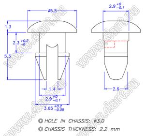 PGMB-08M пистон монтажный; A=6,6мм; нейлон-66 (UL); натуральный