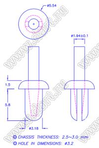 MAA-3C пистон монтажный; A=5,8мм; D=3,2мм; нейлон-66 (UL); натуральный