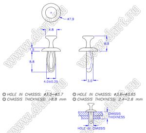 PGMBJ-3A пистон монтажный; A=8,8мм; нейлон-66 (UL); натуральный, черный