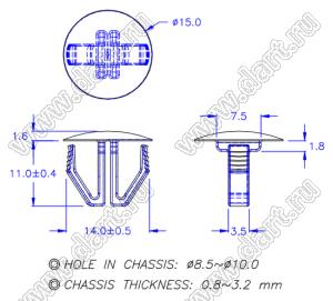 PGMBSK-10A пистон монтажный; A=11,0мм; нейлон-66 (UL); натуральный