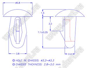 PGMB-2K пистон монтажный; A=8,6мм; нейлон-66 (UL); натуральный