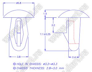 PGMB-2K пистон монтажный; A=8,6мм; нейлон-66 (UL); натуральный