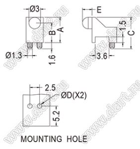 LEM-225 cветовод; A=5,3мм; B=3,8мм; C=6,9мм; D=1,17мм; E=2,5мм; поликарбонат (UL); прозрачный