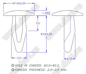 PGMB-1 пистон монтажный; A=9,7мм; нейлон-66 (UL); натуральный