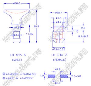 PGLH-04A фиксатор платы; ØA=7,8мм; нейлон-66 (UL) + полиуретан PU (UL); черный