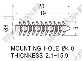 MBW-55(B) пистон монтажный; L=19,0мм; d отв.=4,0мм; нейлон-66 (UL); черный