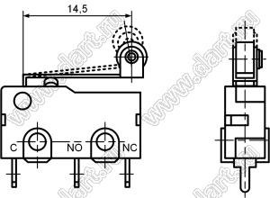 KW11-3Z-51DC1B (SM3-05P, SM5-05P) микропереключатель концевой в плату с роликом на рычаге 17мм