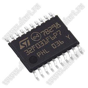 STM32F031F6P7 (TSSOP-20) микроконтроллер 32-bit ARM® Cortex®-M0; F=48MHz; I²C, IrDA, LINbus, SPI, UART/USART; DMA, I&sup2;S, POR, PWM, WDT; I/O=15шт; FLASH 32KB (32Kx8); EEPROM -; RAM 4Kx8; Uпит.=2,0...3,6V; A/D 12x12b; генератор внутренний; Tраб. -4