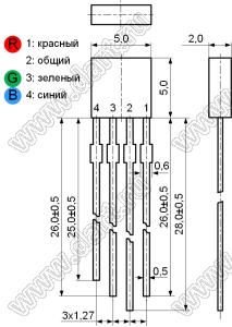 Светодиоды многоцветные (RGB) прямоугольные 2x5x5 мм