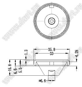 L-0014 линза для светодиода; PMMA (полиметилметакрилат); D=34,5мм; H=16,0мм; d=6,3мм; угол 15°; поликарбонат