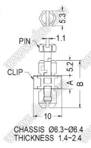 SCMB-4.8 фиксатор платы с запором; A=4,8мм; B=16,6мм; d отв.=6,4...6,5мм; t=0,8...1,6мм; поликарбонат (UL)/нейлон-66 (UL); черный