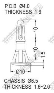 RCF-10 фиксатор платы с двумя защелками; нейлон-66 (UL); натуральный/черный; dп=4,0мм; s=1,2...1,7мм; d отв.=6,0мм; t=0,8...2,0мм; нейлон-66 (UL); натуральный