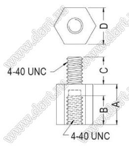 TP440-19.1S стойка шестигранная с внутренней и наружной резьбами 4-40 UNC; нейлон-66 (UL); натуральный; A=19,05мм; B=6,35мм