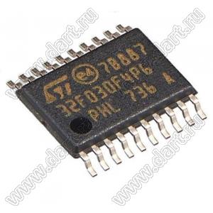 STM32F030F4P6 (TSSOP-20) микроконтроллер 32-bit ARM® Cortex®-M0; F=48MHz; I²C, SPI, UART/USART; DMA, POR, PWM, WDT; I/O=15шт; FLASH 16KB (16Kx8); EEPROM -; RAM 4Kx8; Uпит.=2,4...3,6V; A/D 11x12b; генератор внутренний; Tраб. -40…+85°C