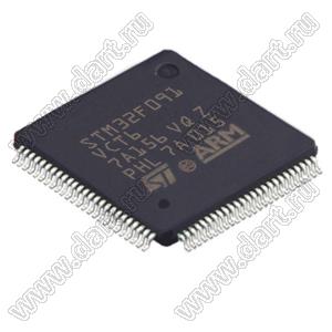 STM32F091VCT6TR (LQFP-100) микроконтроллер 32-bit ARM® Cortex®-M0; F=48MHz; CANbus, I²C, IrDA, LINbus, SPI, UART/USART; DMA, I&sup2;S, POR, PWM, WDT; I/O=88шт; FLASH 256KB (256Kx8); EEPROM -; RAM 32Kx8; Uпит.=2,0...3,6V; A/D 19x12b; D/A 2x12b; генера
