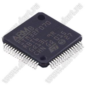 STM32F070RBT6 (LQFP-64) микроконтроллер 32-bit ARM® Cortex®-M0; F=48MHz; I²C, SPI, UART/USART, USB; DMA, POR, PWM, WDT; I/O=51шт; FLASH 128KB (128Kx8); EEPROM -; RAM 16Kx8; Uпит.=2,4...3,6V; A/D 16x12b; генератор внутренний; Tраб. -40…+85°C