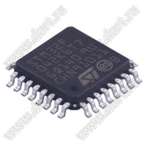 STM32F042K6T7 (LQFP-32) микроконтроллер 32-bit ARM® Cortex®-M0; F=48MHz; CANbus, HDMI-CEC, I²C, IrDA, LINbus, SPI, UART/USART, USB; DMA, I&sup2;S, POR, PWM, WDT; I/O=26шт; FLASH 32KB (32Kx8); EEPROM -; RAM 6Kx8; Uпит.=2,0...3,6V; A/D 13x12b; генерато