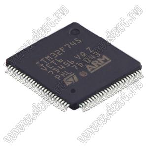 STM32F745VET6 (LQFP-100) микроконтроллер 32-bit ARM® Cortex®-M7; F=216MHz; CANbus, EBI/EMI, Ethernet, I²C, IrDA, LINbus, SAI, SD, SPDIF-Rx, SPI, UART/USART, USB OTG; Brown-out Detect/Reset, DMA, I&sup2;S, POR, PWM, WDT; I/O=82шт; FLASH 512KB (512Kx8)