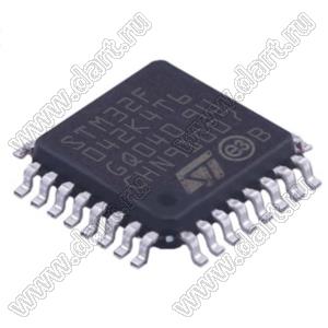 STM32F042K4T6 (LQFP-32) микроконтроллер 32-bit ARM® Cortex®-M0; F=48MHz; CANbus, HDMI-CEC, I²C, IrDA, LINbus, SPI, UART/USART, USB; DMA, I&sup2;S, POR, PWM, WDT; I/O=26шт; FLASH 16KB (16Kx8); EEPROM -; RAM 6Kx8; Uпит.=2,0...3,6V; A/D 13x12b; генерато