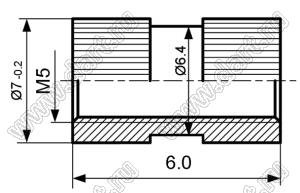 BLZE-050060 втулка резьбовая закладная круглая со сквозным отверстием; M5; L=6,0мм; латунь